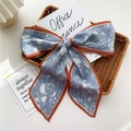 Floral pleated skinny scarf in dusty blue with contrasting orange edges for handbags - Blue White Peony Pleated