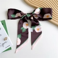Coffee brown bow silk scarf with white camellia floral pattern and pink hem - 125cmx7cm / Peony Brown