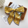 Pleated silk scarf in yellow and grey floral print tied in a stylish bow knot - Yellow White Peony Pleated