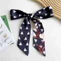 Black silk hair scarf with white triangles and pink floral pattern on satin fabric - 125cmx7cm / Triangle Magnolia Black