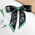 Floral print long silk scarf in black and green, 100% polyester hair ribbon accessory - 125cmx7cm / Green Plants