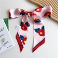 Pink skinny silk scarf with red camellia floral print and contrast border trim - 125cmx7cm / Peony Pink