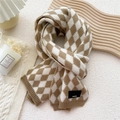 Diamond pattern knit scarf in caramel and cream white with a vintage Paris woven label - Khaki