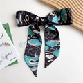 Polyester skinny scarf with Chinese cloud pattern on black base and wood tray - 125cmx7cm / Lucky Cloud