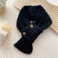 Chic black cable knit crossover muffler scarf featuring vintage wooden buttons details - 12*74cm / Black