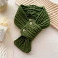 Dark green knitted neck warmer with cable pattern and wooden buttons on wood background - 12*74cm / Dark Green