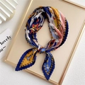 Pleated skinny scarf with vintage navy and yellow geometric print on silk-like fabric - Navy Blue Dunhuang Style