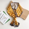 Elegant ginger yellow silk scarf with floral pattern and brown houndstooth patchwork - Orange Floral