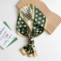 Green silk-like skinny scarf with white floral print and check pattern reverse side - Green Floral