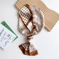 Narrow silk scarf in cream with brown floral and plaid patterns for women accessories - Camel Floral