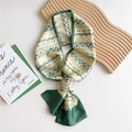 Dark green skinny silk scarf featuring vintage geometric patterns for hair or bags - Green Pixel Geometric