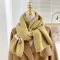 Detail of mustard yellow striped knit scarf with leather patch on camel wool coat - Three-Stripe Style / 30x165cm / Turquoise Green