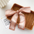 Pale pink satin silk scarf ribbon for hair and bags with fashion girl white border trim - Orange Patchwork