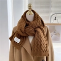 Thick caramel knit scarf with cable patterns on a model against a cozy winter background - Caramel color