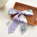 Narrow purple silk scarf with floral tulip print tied in a bow on a woven basket - 7x130cm / Silver White Purple Flower