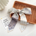 Narrow silk ribbon scarf featuring vintage mountain patterns and plaid bow style - 7x130cm / Silver Landscape Print