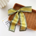 Yellow and green silk ribbon scarf with letter print tied on a woven tray - Yellow & Green Stitched