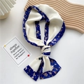 Narrow silk scarf for women featuring blue and white floral pattern with satin finish - Navy Floral Frame
