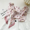 Pink silk twilly scarf with autumn pumpkin and floral print on white shirt - Pine Cone Flower (33DRY)