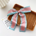 Pink and blue satin skinny scarf with fashion girl print for hair and bags - Pink and Blue Patchwork