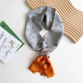 Narrow silk scarf featuring grey geometric patterns and bright orange splice contrast - Orange Grid Dot