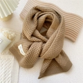 Knitted coffee brown winter scarf featuring thick ribbed texture and handmade label - 32x175cm / Camel