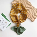 Elegant skinny silk scarf with mustard yellow geometric pattern and sage green block contrast - Green Grid Dot