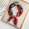 Pleated spring silk scarf with vintage red and blue floral pattern in a ring knot - Red Large Ship Flower
