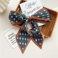 Pleated bow hair scrunchie in dark teal with white polka dots and orange stripes - Pleated Green Polka Dot