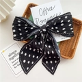 Pleated long scarf in black with white polka dots and elegant bow design for women - Pleated Black Polka Dot