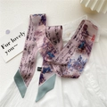 Elegant lotus pink skinny silk scarf with Chinese landscape painting and calligraphy design - Calligraphy Green Border (31DRY)
