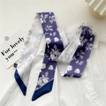 Floral print narrow silk scarf in navy blue and beige styled on a white shirt - White Leaf Purple Base (9DRY)