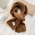 Thick warm dark brown striped knit scarf with WANXI SCARF brand label for winter - Caramel color