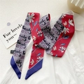 Floral skinny silk scarf in red and blue with white daisy print and welcome spring text - Flying Flower Purple Border (38DRY)