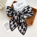 Pleated black and white checkerboard bow hair scarf with long ribbons and retro style - Pleated Two-Tone Rhombus Black