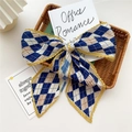 Pleated long scarf with blue and yellow plaid pattern tied in a chic bow knot - Pleated Two-Tone Rhombus Blue