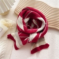 Short knitted scarf with red and white diamond pattern and ribbed trim for winter warmth - Red