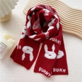 Red knit bunny scarf featuring white rabbit patterns and bold BUNNY text for winter - Red