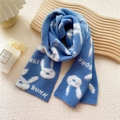 Short blue knitted rabbit scarf for women in bright cobalt blue with BUNNY pattern - Blue