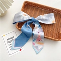 Light blue floral long skinny scarf tied in a bow with daisy and girl illustration - 7x130cm / Silver Little Girl Print