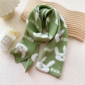 Short green and white knitted bunny scarf with cute rabbit jacquard pattern for women - Green