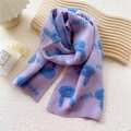 Purple knitted bunny scarf with blue embossed patterns and text for winter warmth - Purple