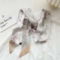 Narrow silk scarf with grey plum blossom print and khaki trim on a white shirt - Crane Pavilion (23DRY)