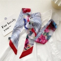 Silk twilly scarf with red floral and gray abstract patterns on white shirt - Rose Red Border (19DRY)