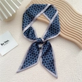 Elegant navy blue floral skinny scarf tied in a bow with soft satin lavender edging - Blue Small Floral (4F)