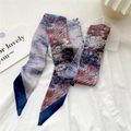 Artistic oil painting skinny silk scarf tied on white shirt collar for elegant styling - Buddhist Navy Border (24DRY)