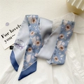 Light blue 100% silk skinny scarf with floral daisy prints and Spring is coming text - Chicken Flower (35DRY)