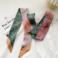 Slim oil painting silk scarf with contrast print styled on a white shirt - Flower Field House Yellow Border (37DRY)
