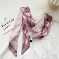 Lilac floral silk twilly scarf with geometric patterns and pointed ends on a white shirt - White Magnolia Purple Base (27DRY)