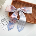 Narrow silk scarf with lotus print and grey plaid pattern for hair or bag styling - 7x130cm / Silver Blue Lotus